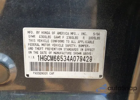 2004 Honda Accord 3.0 Ex from USA, damaged, VIN 1HGCM66534A079429